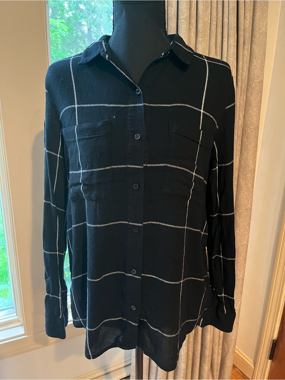 bp Black Button-Down Shirt with White Windowpane Plaid